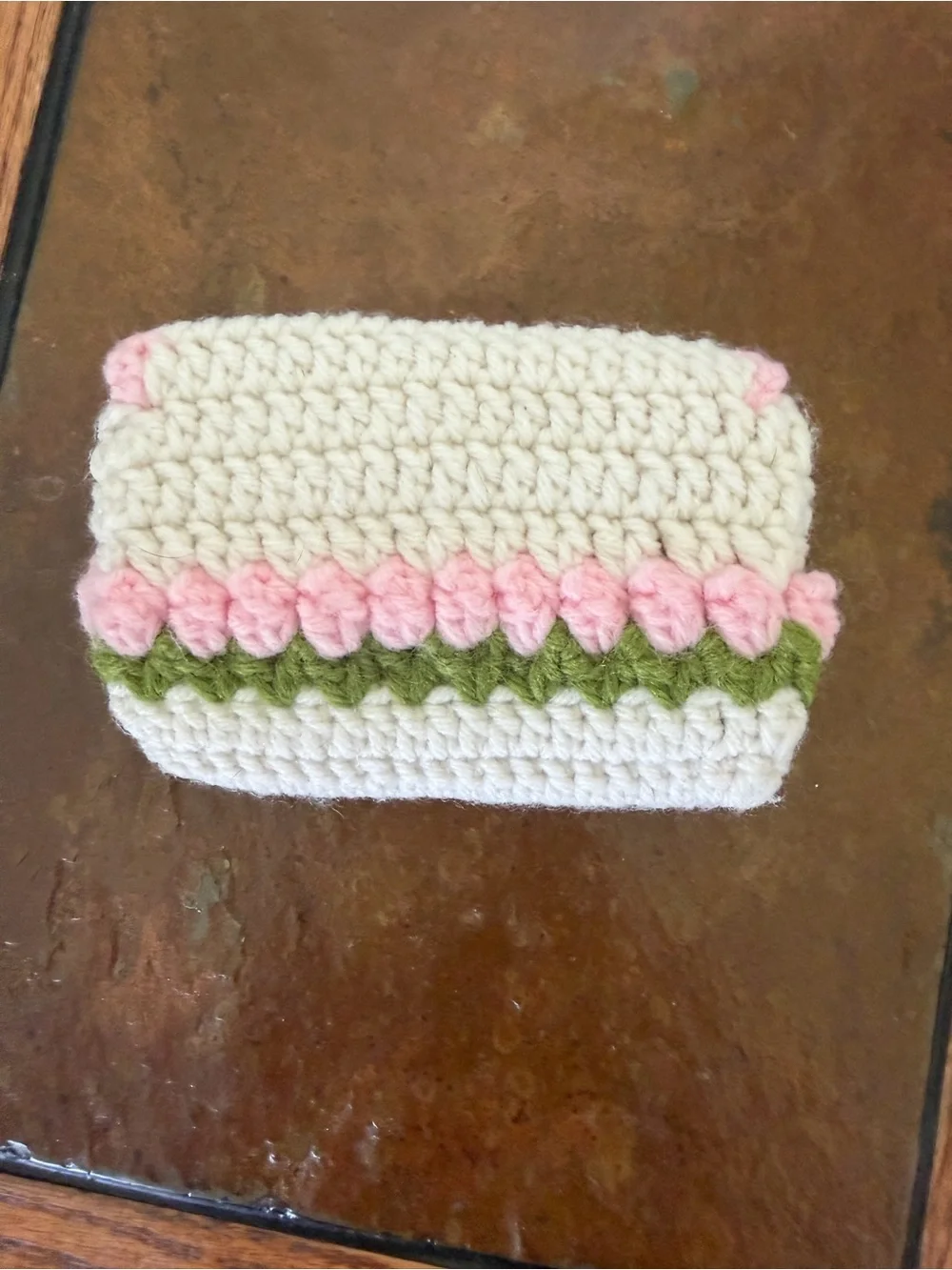 Handmade Crochet Coin Purse- Cream with Pink & Green Accents